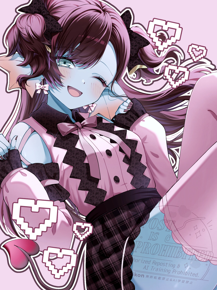 1girl ;d aqua_eyes black_bow black_hair black_nails black_skirt blouse blue_skin bow bow_earrings breasts colored_skin commentary_request demon_tail dragon_quest dragon_quest_x earrings fake_tail fins fish_girl floating_hair from_below hair_bow head_fins heart highres jewelry jirai_kei knee_up long_hair looking_at_viewer nikon_(user_aznh7528) one_eye_closed open_mouth pink_background pink_bow pink_shirt pink_thighhighs pixel_heart plaid_clothes plaid_skirt shirt short_twintails skirt small_breasts smile solo tail thighhighs twintails weddie_(dq10) zettai_ryouiki