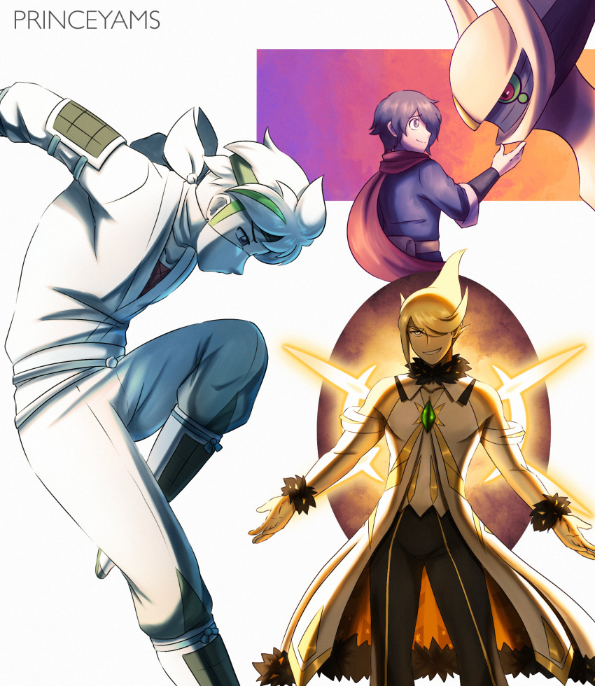 3boys arceus bandana bandana_over_mouth beni_(pokemon) blonde_hair collarbone cosplay cynthia_(arc_suit)_(pokemon) cynthia_(pokemon) cynthia_(pokemon)_(cosplay) galaxy_expedition_team_survey_corps_uniform gen_4_pokemon hair_over_one_eye halo highres legendary_pokemon male_focus multiple_boys mythical_pokemon nintendo official_alternate_costume pokemon pokemon_(creature) pokemon_legends:_arceus pokemon_masters_ex princeyam red_scarf rei_(pokemon) scarf white_hair yellow_halo