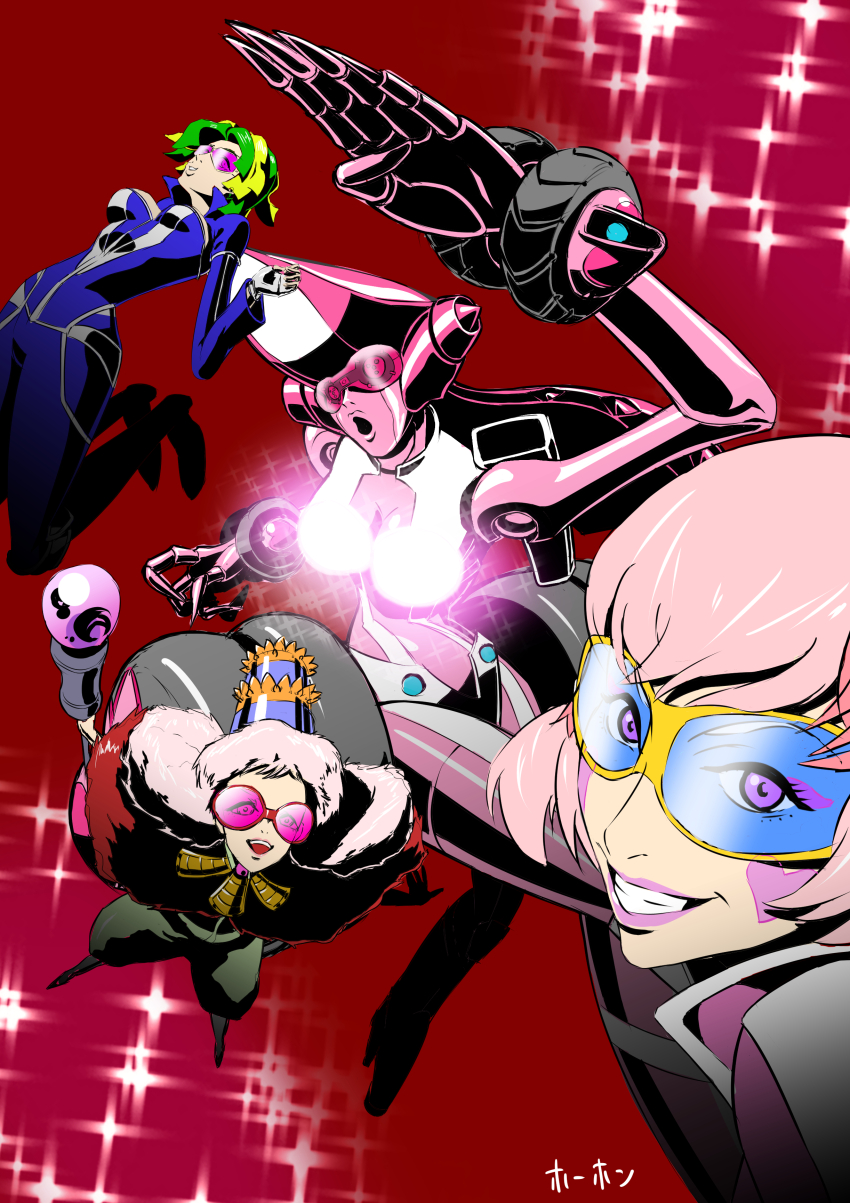 3girls absurdres armor baggy_pants blonde_hair blue-tinted_eyewear blue_jumpsuit blush_stickers boiboi bosubosu cape crown fur-trimmed_cape fur_trim glowing_breasts green_hair heart_sticker highres ho-hon holding holding_scepter humanoid_robot joints jumpsuit long_hair mecha medium_hair multicolored_hair multiple_girls open_mouth pants pink-tinted_eyewear pink_armor pink_hair pink_jumpsuit pink_light pink_lips princess_supergrass red_background red_cape redline robot robot_girl robot_joints scepter simple_background smile sparkle sunglasses teeth tinted_eyewear two-tone_hair wheel white_stripes white_trim yellow-framed_eyewear