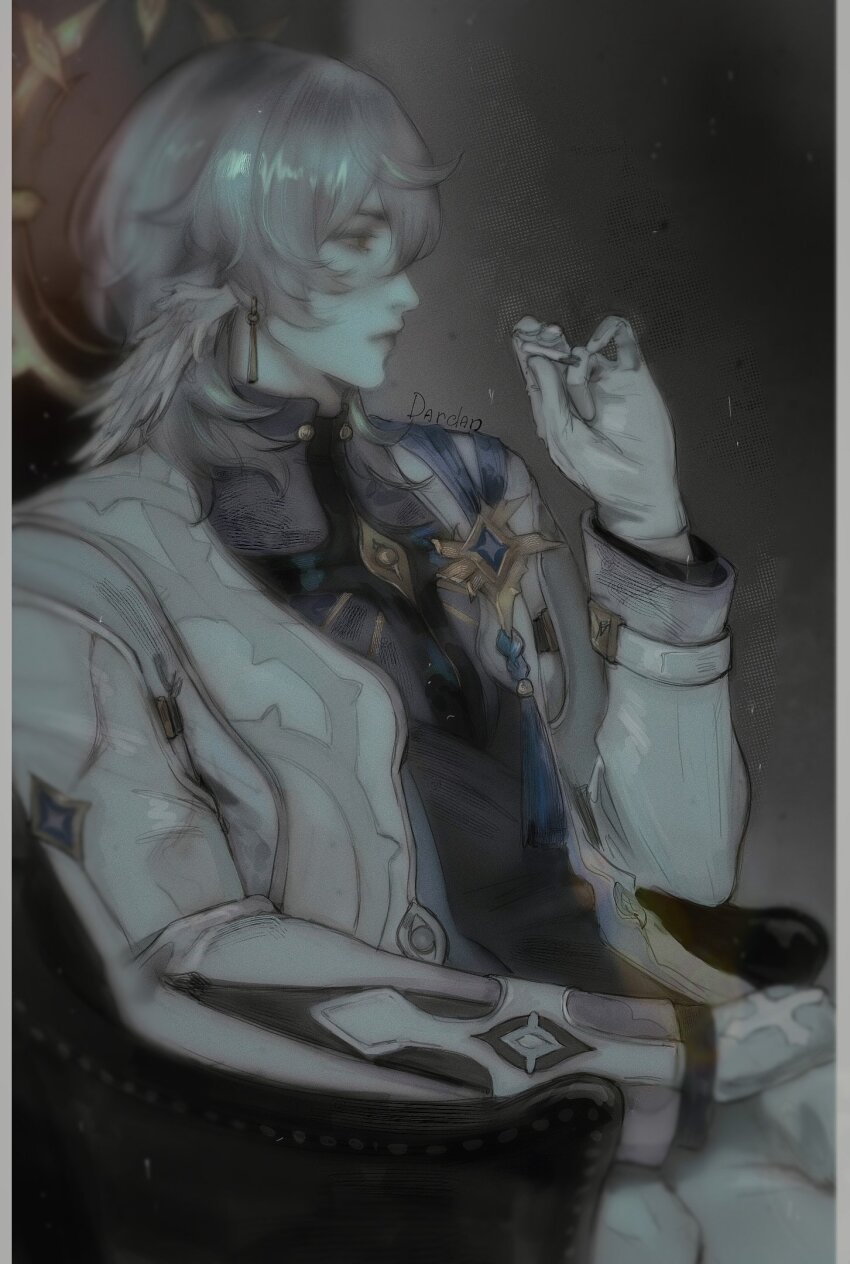 1boy cigarette coat commentary commission dardan_21 double_halo earrings english_commentary feathered_wings from_side gloves gold_earrings gold_halo grey_hair hair_between_eyes halo head_wings highres holding holding_cigarette honkai:_star_rail honkai_(series) jewelry looking_ahead male_focus medium_hair sitting solo spiked_halo sunday_(honkai:_star_rail) white_coat white_gloves wings wolf_cut