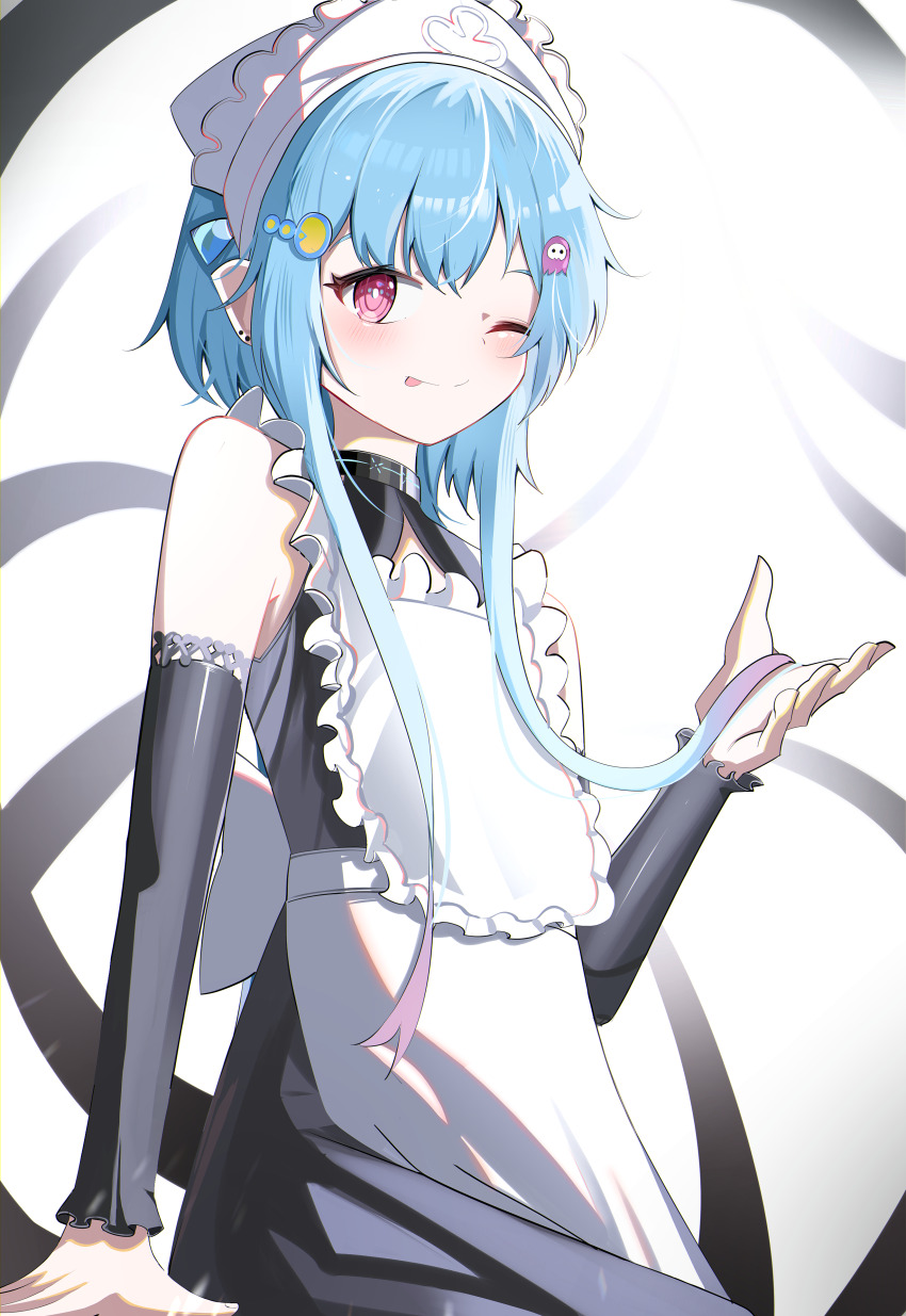 1boy ;p absurdres alternate_costume apron arknights bare_shoulders black_sheep black_skirt black_sleeves blue_hair closed_mouth detached_sleeves earrings enmaided gradient_hair hair_ornament highres jewelry long_sleeves looking_at_viewer maid male_focus mizuki_(arknights) multicolored_hair one_eye_closed pointy_ears purple_eyes purple_hair shirt skirt sleeveless sleeveless_shirt smile solo spam_(spamham4506) stud_earrings tentacles tongue tongue_out white_apron white_headwear