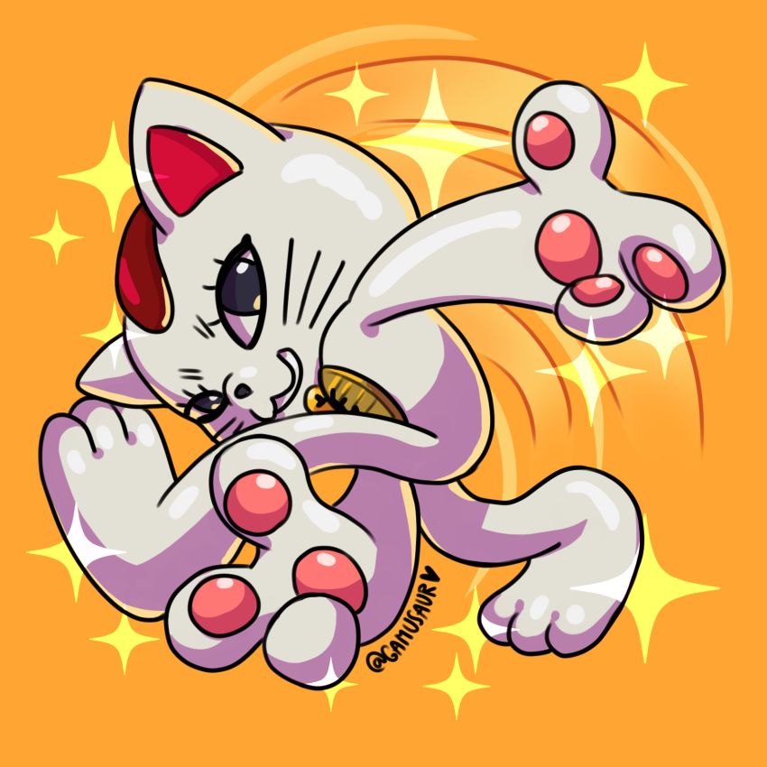 bell cat dandadan derivative_work facial_mark full_body furrowed_brow gamusaur highres looking_at_viewer neck_bell no_humans orange_background parted_lips pawpads smile solo sonic_adventure_pose sparkle turbo_granny_(dandadan) twitter_username whisker_markings white_cat