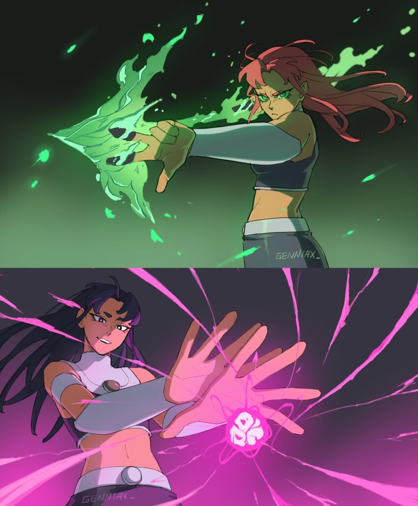 1girl 2girls blackfire breasts colored_sclera colored_skin fire genniax green_eyes green_fire green_sclera highres jujutsu_kaisen long_hair multiple_girls orange_skin purple_hair purple_sports_bra purple_tank_top red_hair siblings sisters smile sports_bra starfire superhero_costume tamaranean tank_top teen_titans_(tv_series)