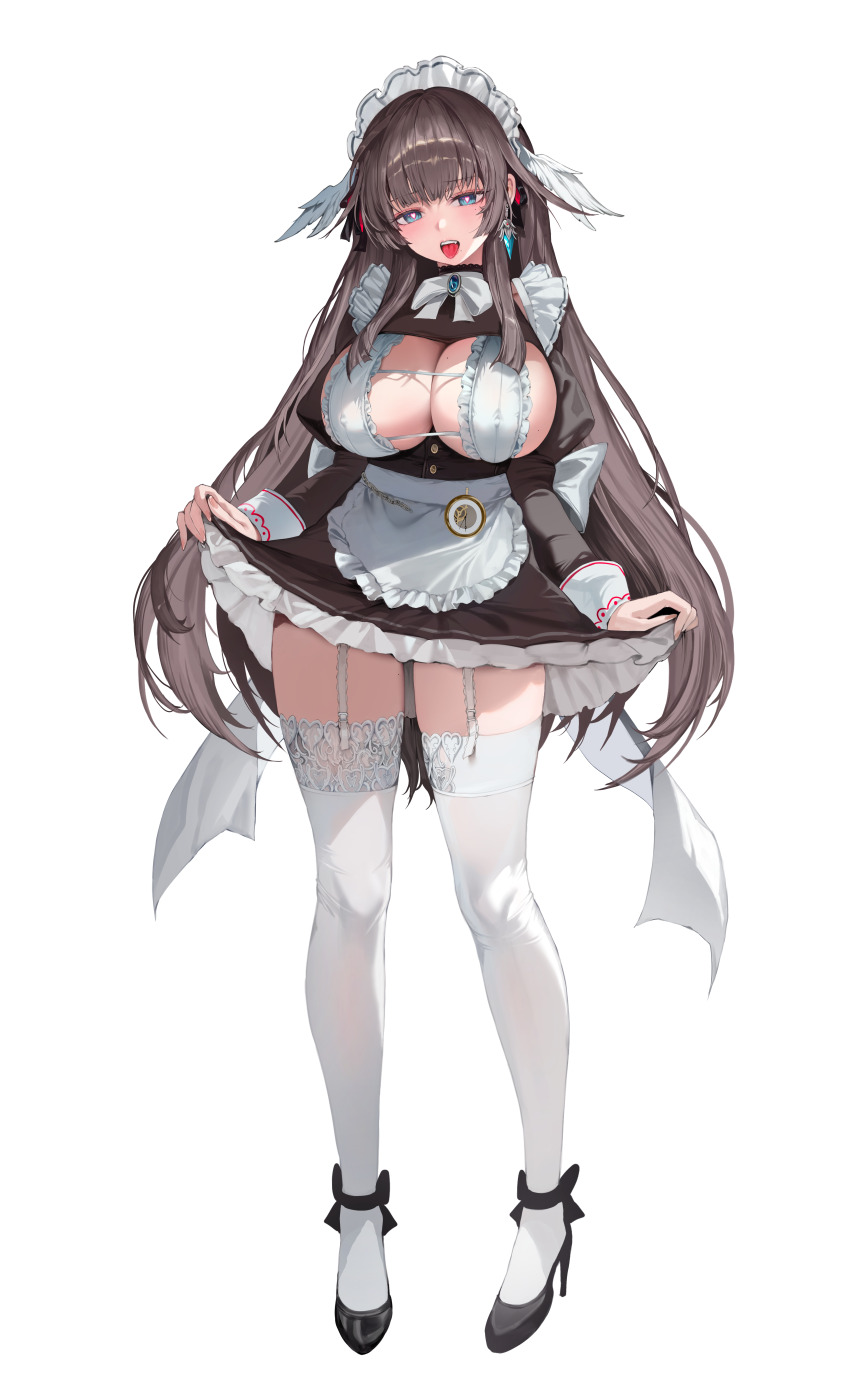 1girl absurdres apron black_dress black_hair black_shoes blue_eyes blush breasts dress earrings full_body garter_straps heart heart-shaped_pupils high_heels highres jewelry large_breasts long_hair long_sleeves maid maid_headdress open_mouth original shoes sideboob simple_background solo standing symbol-shaped_pupils teeth thighhighs thighs tongue tongue_out upper_teeth_only white_apron white_background white_garter_straps white_thighhighs zerocat