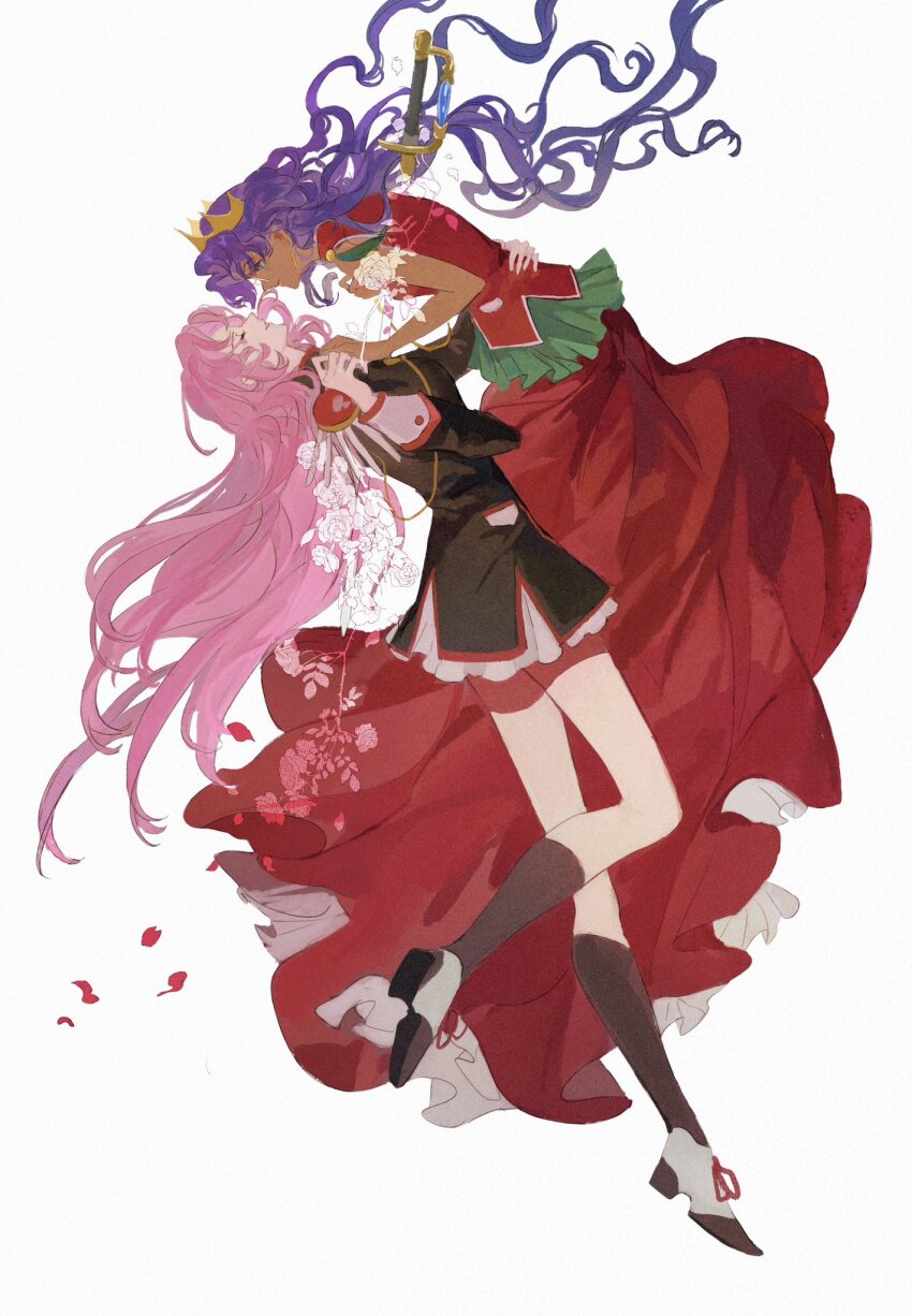2girls dark-skinned_female dark_skin dress epaulettes falling_petals flower highres himemiya_anthy holding long_hair multiple_girls petals pink_hair purple_hair red_dress rose shoujo_kakumei_utena simple_background sword tenjou_utena weapon white_background ye_(ran_chiiipye)