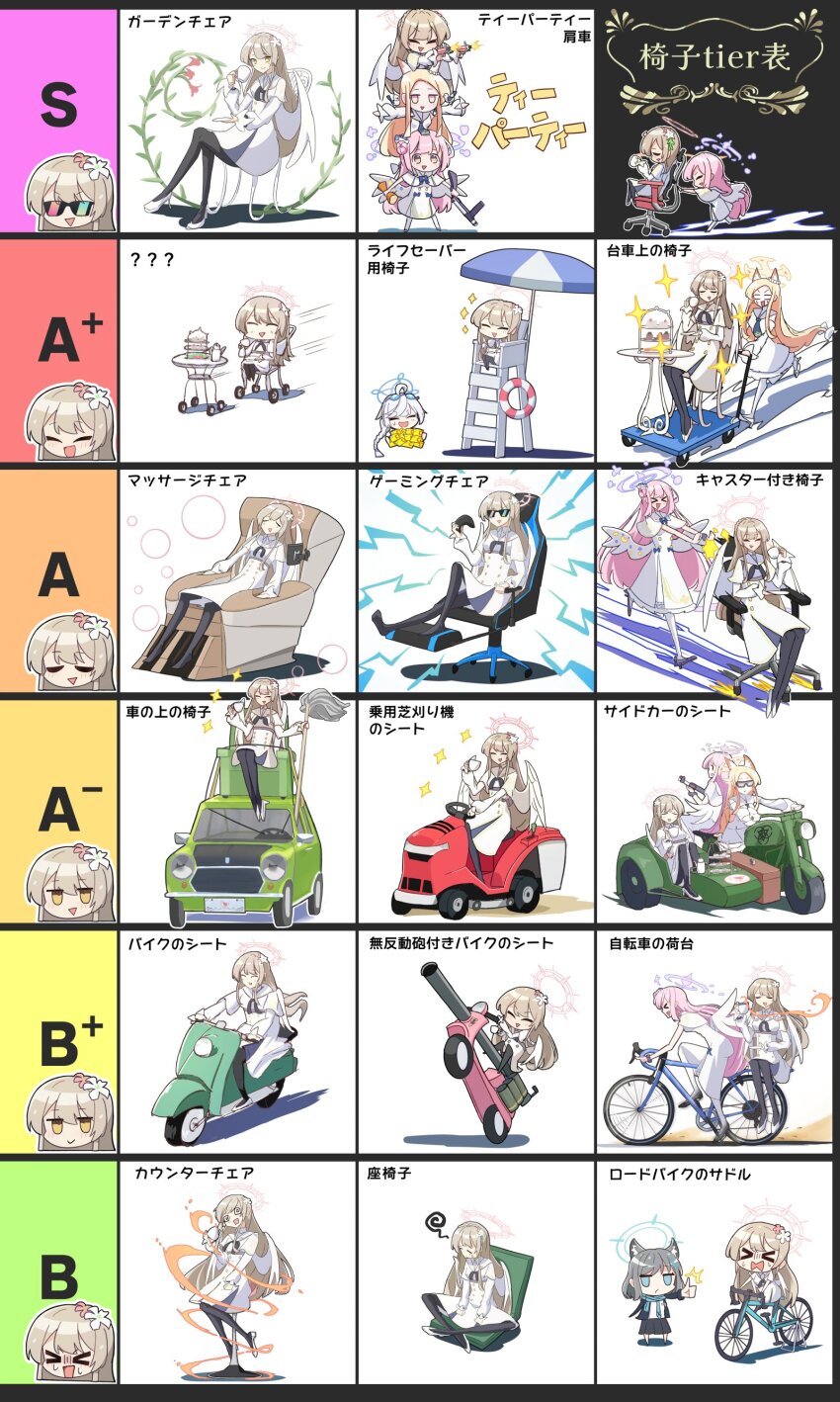 4girls absurdres blue_archive car chair chart couch gaming_chair highres holding holding_mop kirino_(blue_archive) kirino_(swimsuit)_(blue_archive) lifeguard_chair m20_recoilless_rifle massage_chair mika_(blue_archive) mini_cooper mop motor_vehicle mr._bean_(series) multiple_girls nagisa_(blue_archive) on_chair on_couch on_scooter parody seia_(blue_archive) smile swivel_chair tanaka_drawing tea_party_(blue_archive) thumbs_up tier_list translation_request vespa_150_tap