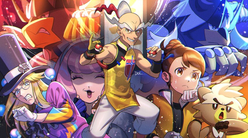 2boys 2girls avery_(pokemon) black_hat blonde_hair blue_eyes brown_eyes brown_hair dolustoy gen_8_pokemon glasses gloria_(pokemon) gloves grey_hair hat highres jacket klara_(pokemon) kubfu legendary_pokemon lipstick long_hair makeup master_dojo_uniform multicolored_hair multicolored_jacket multiple_boys multiple_girls mustard_(pokemon) nintendo official_alternate_costume open_mouth poke_ball poke_ball_(basic) pokemon pokemon_(creature) pokemon_swsh purple_hair purple_jacket red_hair shirt single_glove top_hat urshifu urshifu_(rapid) urshifu_(single) white_gloves wristband yellow_eyes yellow_jacket yellow_shirt