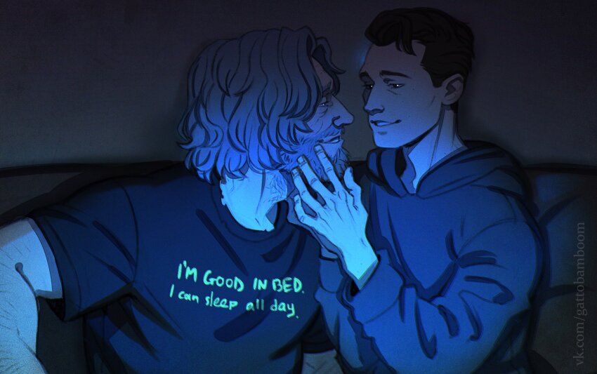 2boys beard casual cheekbones connor_(detroit) couch detroit:_become_human facial_hair grey_hair hands_on_another&#039;s_face hank_anderson highres hood hoodie male_focus multiple_boys old old_man shirt t-shirt teppn_(gattobamboom) upper_body wavy_hair yaoi