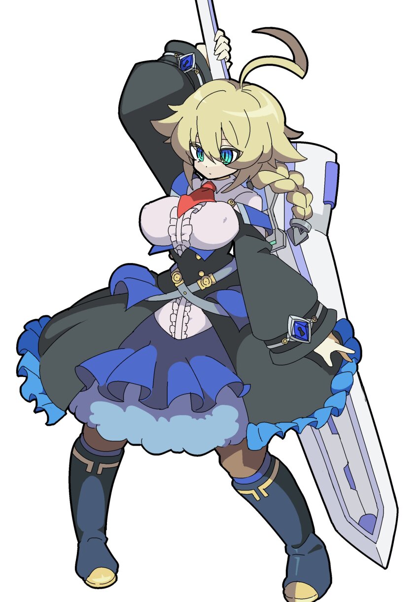 1girl absurdres ahoge arm_up black_boots black_jacket blazblue blonde_hair blue_eyes blue_skirt boots braid breasts closed_mouth covered_erect_nipples dress es_(xblaze) full_body greatsword highres holding holding_sword holding_weapon jacket kekeken large_breasts long_hair necktie red_necktie sidelocks simple_background skirt solo sword weapon white_background white_dress