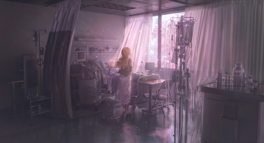 2girls absurdres bang_dream! bang_dream!_it&#039;s_mygo!!!!! bed bottle brown_hair cherry_blossoms chihaya_anon chinese_commentary closed_eyes curtains dress highres holding_own_arm hospital hospital_bed hospital_gown indoors intravenous_drip iv_stand long_hair long_sleeves luyangliu multiple_girls nagasaki_soyo pink_hair skirt test_tube window