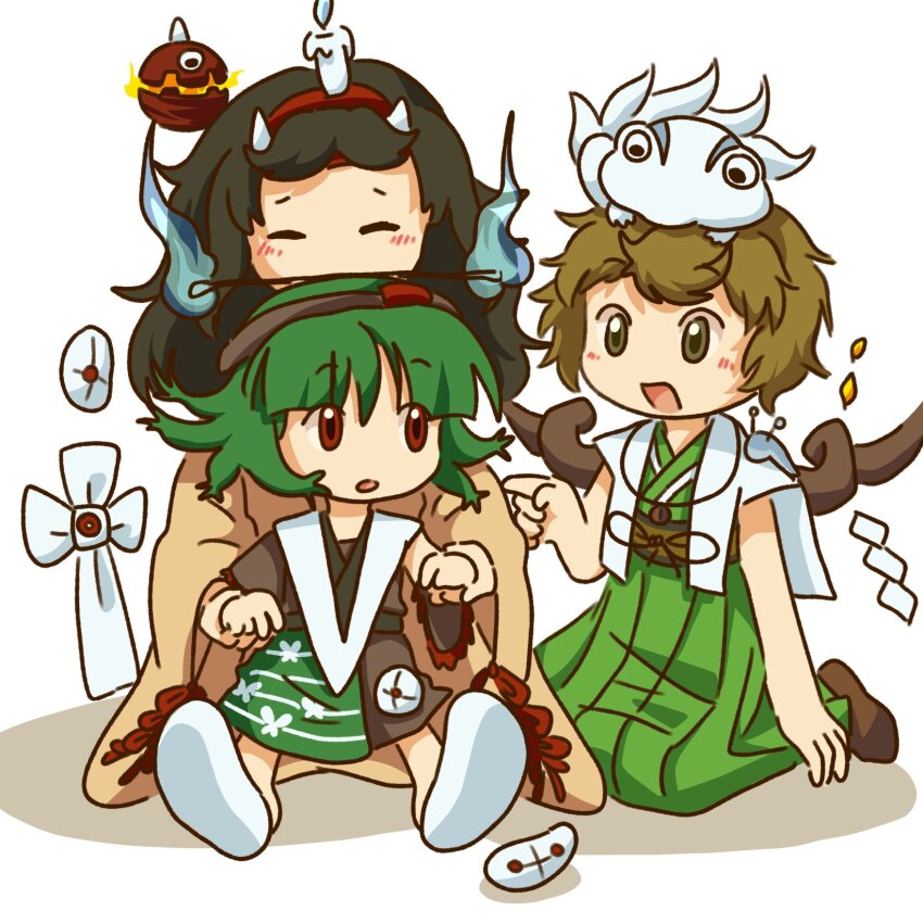 asymmetrical_sleeves azuma_kaisen azuma_kaisen_(frog) baila_kuangzi black_hair blunt_bangs brown_dress brown_eyes brown_hair brown_headband brown_kimono burabura candle closed_eyes detached_sleeves dress ghost_tail green_hair green_kimono hairband headband highres horns jacket jacket_on_shoulders japanese_clothes kesa_kujiru kesa_kujiru_(slug) kimono len&#039;en light_blush mouth_hold ogata_garaiya para_(len&#039;en) red_eyes short_hair sleeveless sleeveless_kimono slippers taira_no_chouki white_background white_footwear