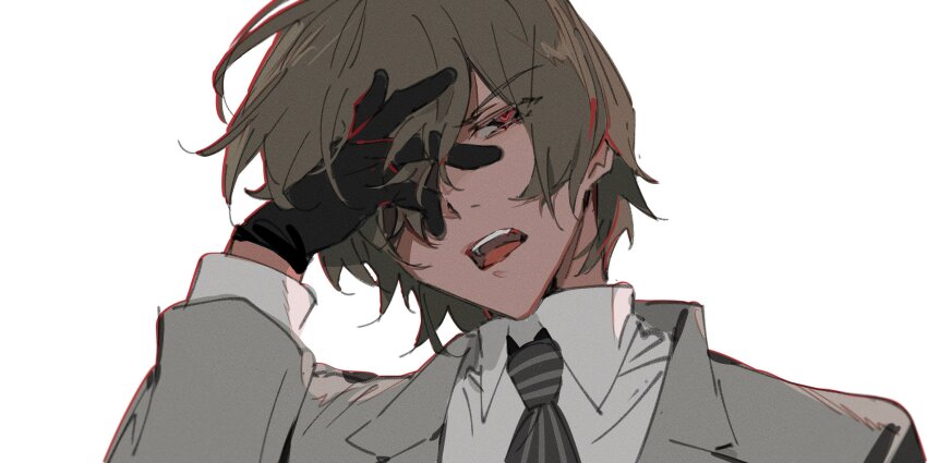 1girl akechi_gorou black_gloves black_necktie brown_hair collared_shirt gloves grey_jacket highres jacket lapels long_sleeves necktie notched_lapels open_mouth persona persona_5 red_eyes shirt simple_background solo upper_body white_background white_shirt xing_20