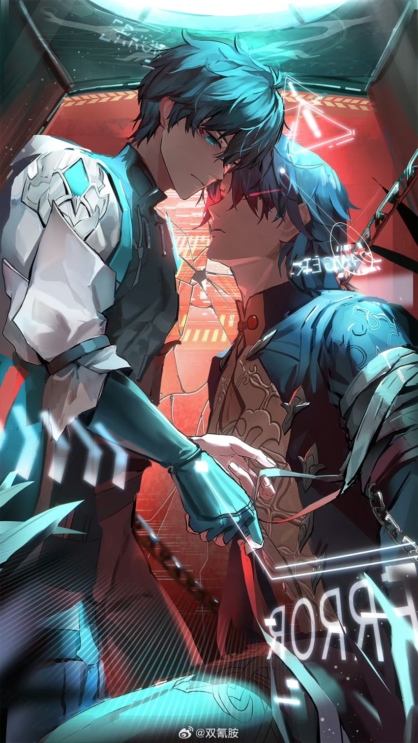 2boys bandaged_arm bandages blade_(honkai:_star_rail) blue_hair chain chinese_clothes closed_mouth crack cracked_glass dan_heng_(honkai:_star_rail) fingerless_gloves foreshortening gloves green_eyes green_gloves green_hair highres honkai:_star_rail honkai_(series) mandarin_collar multiple_boys niarss puffy_sleeves short_hair single_glove sitting standing traditional_clothes yaoi