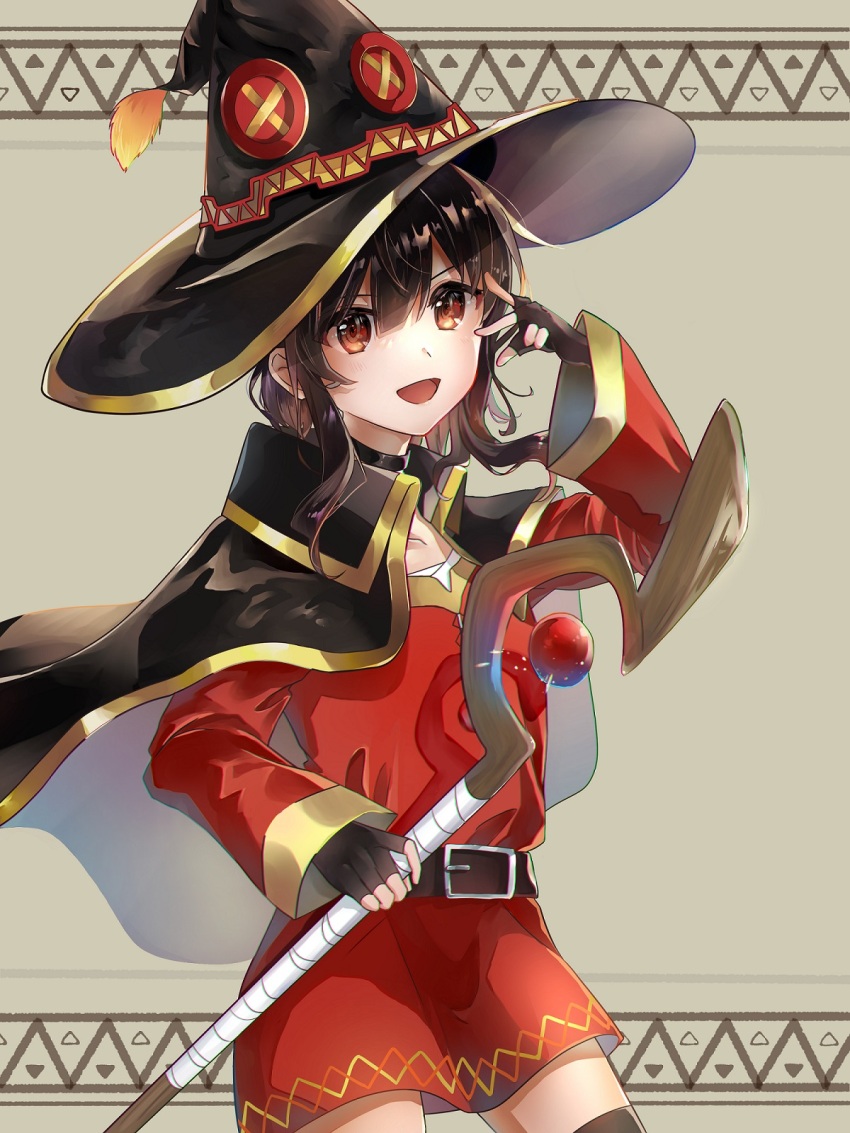 1girl :d belt belt_buckle black_belt black_cape black_gloves black_hat black_thighhighs brown_eyes brown_hair buckle cape collarbone cowboy_shot dress fingerless_gloves gloves grey_background hair_between_eyes hat highres hiyo_(pixiv31594891) holding holding_staff kono_subarashii_sekai_ni_shukufuku_wo! long_sleeves megumin open_mouth red_dress short_dress short_hair_with_long_locks sidelocks smile solo staff standing thighhighs witch_hat zettai_ryouiki