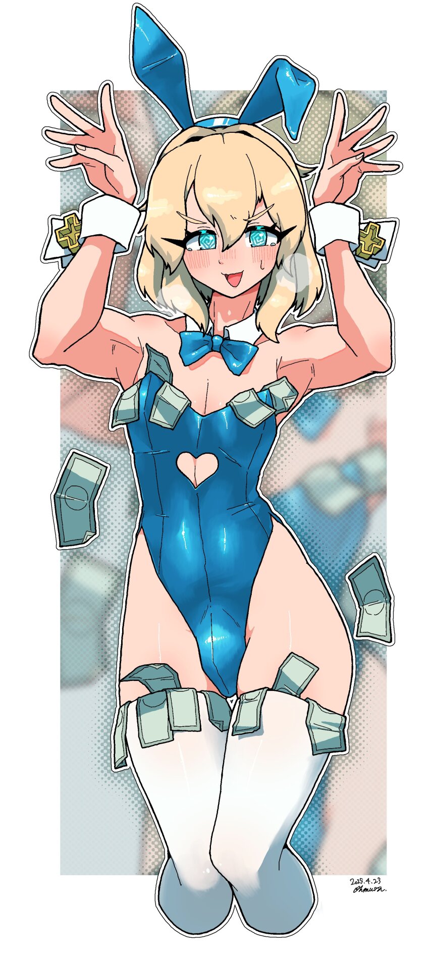 1boy @_@ absurdres animal_ears banknote blue_bow blue_bowtie blue_eyes blue_leotard blush border bow bowtie bridget_(guilty_gear) bulge clothing_cutout detached_collar fake_animal_ears guilty_gear hair_between_eyes heart_cutout highleg highleg_leotard highres leotard looking_at_viewer male_focus male_playboy_bunny money omura_zojiki open_mouth outline outside_border playboy_bunny rabbit_ears rabbit_pose smile solo strapless strapless_leotard sweat thighhighs trap white_border white_outline white_thighhighs