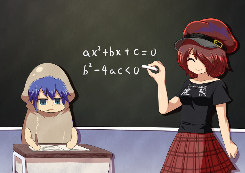 2girls black_shirt blue_eyes blue_hair chalk chalkboard closed_eyes closed_mouth commentary_request cookie_(touhou) cowboy_shot desk equation hecatia_lapislazuli highres holding holding_pencil ktgijgkgdusimn_(cookie) math multiple_girls open_mouth pencil plaid_clothes plaid_skirt red_hair red_headwear red_skirt shirt short_hair skirt smile squid_costume suyarou touhou yorigami_shion zerukalo_(cookie)