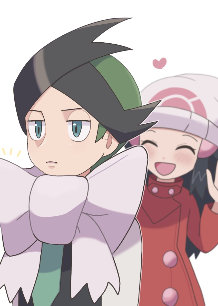 1boy 1girl :d beanie black_vest borrowed_accessory bow closed_eyes coat commentary_request dawn_(pokemon) green_hair green_necktie hair_ornament hairclip hat heart highres multicolored_hair nakikot_t necktie nintendo notice_lines open_mouth pokemon pokemon_dppt pokemon_platinum red_coat scarf shirt short_hair sidelocks simple_background smile thorton_(pokemon) two-tone_hair vest white_background white_bow white_scarf white_shirt