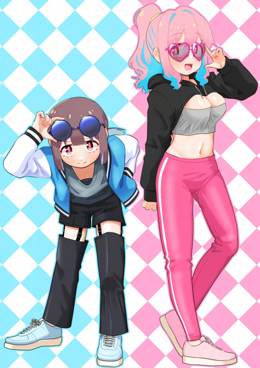 2girls :d alternate_costume black_shrug blue_eyes blue_hair blue_shoes blunt_bangs breasts brown_hair casual commentary detached_leggings drawstring eyewear_lift full_body hand_in_pocket happyundergate heart heart-shaped_eyewear highres hood hood_down hooded_shrug hozuki_kaede hozuki_momiji jacket large_breasts leaning_forward long_hair long_sleeves looking_at_viewer midriff multicolored_hair multiple_girls nail_polish navel onii-chan_wa_oshimai! open_clothes open_jacket open_mouth pants pink-framed_eyewear pink_hair pink_nails pink_pants pink_shoes ponytail red_eyes round_eyewear shoes short_hair short_ponytail shrug_(clothing) siblings sidelocks simple_background sisters smile sunglasses teeth two-tone_hair upper_teeth_only