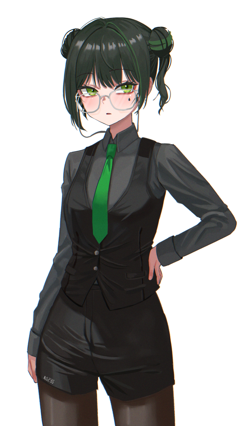 1girl a5235 black_hair black_shorts black_vest brown_pantyhose collared_shirt cowboy_shot death_hammer_chouloky double_bun dress_shirt glasses green_eyes green_hair green_necktie grey_shirt hair_bun hand_on_own_hip highres long_sleeves looking_at_viewer multicolored_hair necktie pantyhose parted_lips shirt short_hair short_shorts shorts simple_background solo streaked_hair teardrop_facial_mark twintails vest virtual_youtuber waktaverse white_background wing_collar