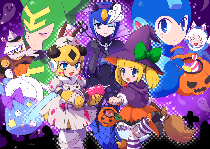 animal_ears bat_wings blonde_hair blue_eyes broom candy capcom cat_ears cosplay custom closed_eyes food ghost grin halloween hat helmet honey_woman hornet_man ice_man jewelry looking_at_viewer mummy necklace night night_sky no_humans nurse pumpkin robot_ears robot_girl mega_man_(series) mega_man_(character) mega_man_(classic) mega_man_9 roll_(mega_man) sky smile splash_woman togeshiro_azami tombstone tornado_man vampire wings wink witch witch_hat