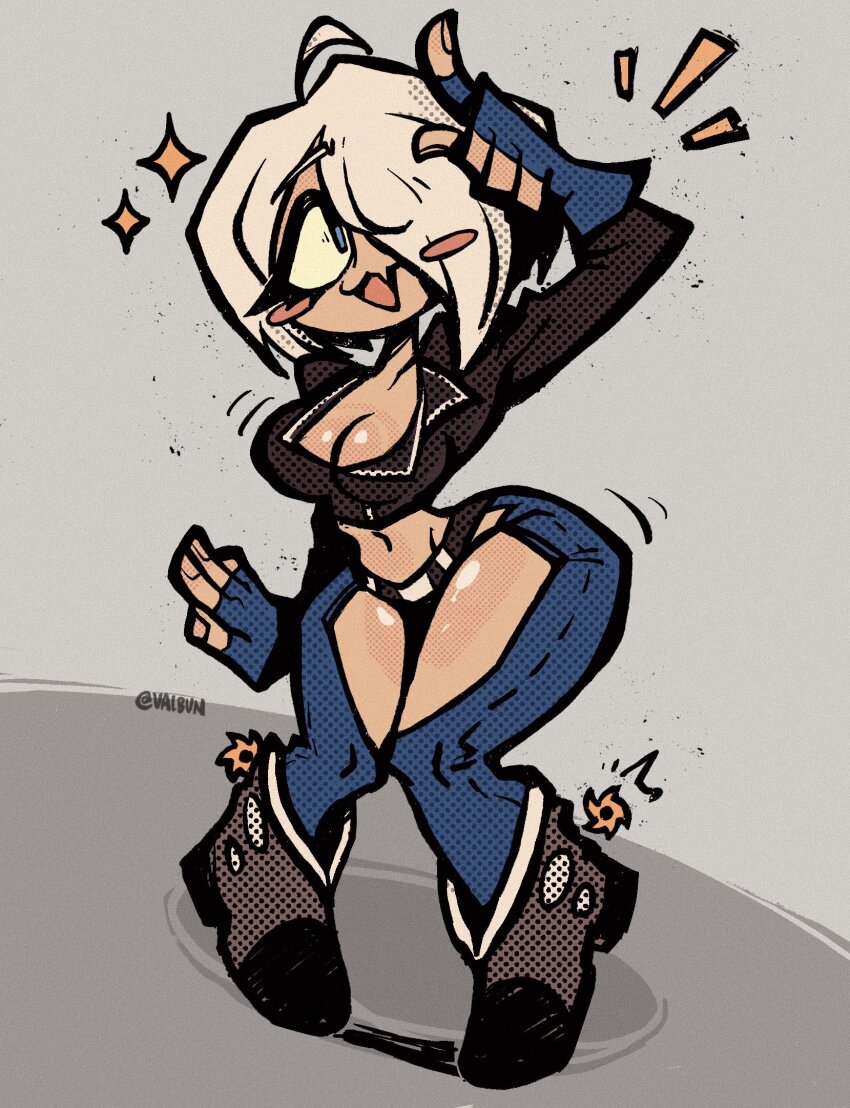 1girl angel_(kof) backless_pants blue_eyes boots bra breasts chaps cleavage cowboy_boots crop_top cropped_jacket fingerless_gloves gloves hair_over_one_eye highres horns_pose index_fingers_raised jacket large_breasts leather leather_jacket looking_at_viewer midriff navel panties pants short_hair smile snk solo strapless strapless_bra the_king_of_fighters the_king_of_fighters_2001 toned toned_female underwear valbun white_hair