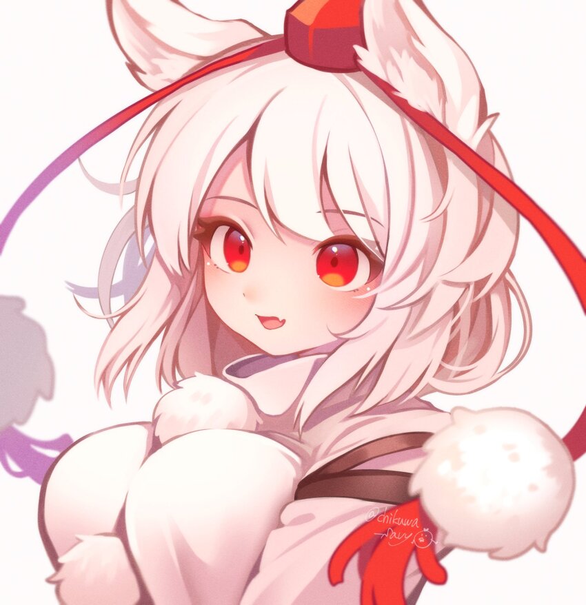 1girl animal_ears blush breasts chikuwa_savy commentary fang hat highres inubashiri_momiji looking_at_viewer open_mouth pom_pom_(clothes) red_eyes red_hat shirt short_hair simple_background skin_fang solo symbol-only_commentary tokin_hat touhou upper_body white_background white_shirt wolf_ears wolf_girl