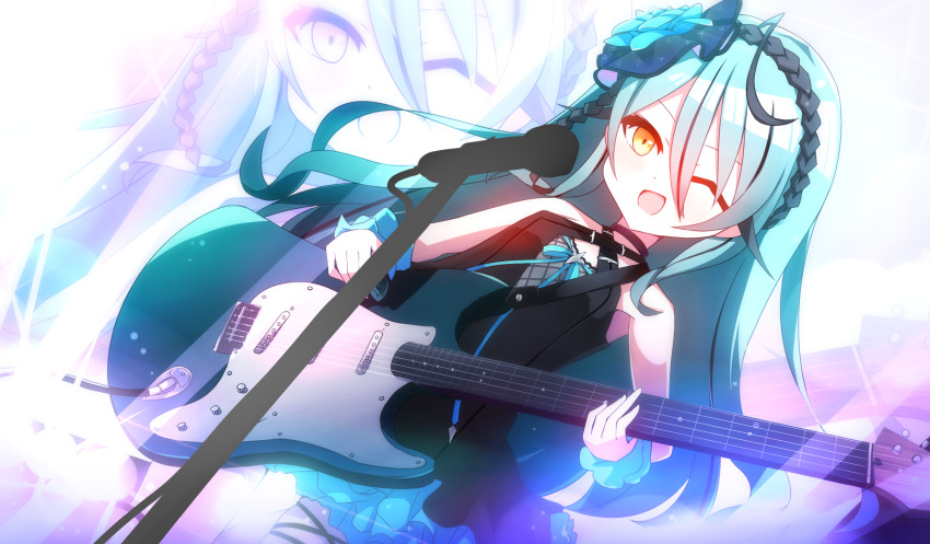 1girl ahoge aqua_hair bad_id bad_pixiv_id blue_flower blush choker commentary eyebrows_hidden_by_hair flower guitar hair_between_eyes highres instrument long_hair nijisanji nijisanji_kr one_eye_closed open_mouth orange_eyes popoko_(pokopokosuisei) ryu_hari solo virtual_youtuber