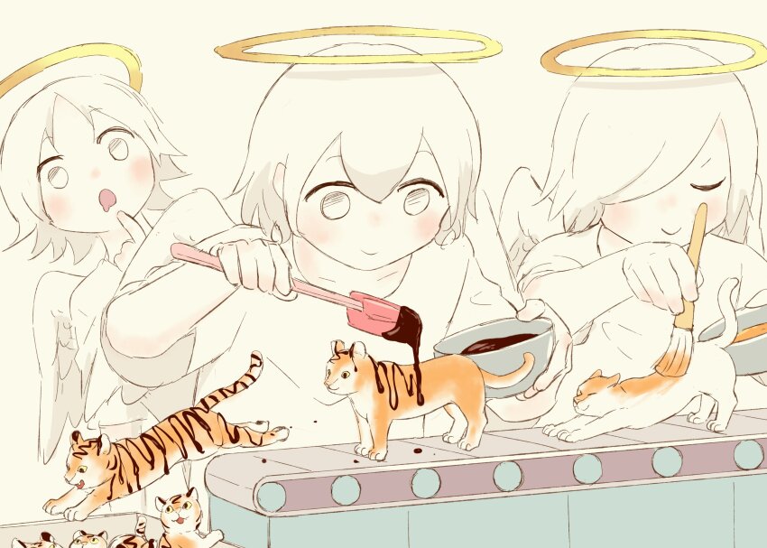 3girls absurdres angel angel_wings avogado6 chocolate closed_eyes conveyor_belt drooling finger_to_mouth halo highres light_smile multiple_girls original paddle paintbrush tiger white_background wings