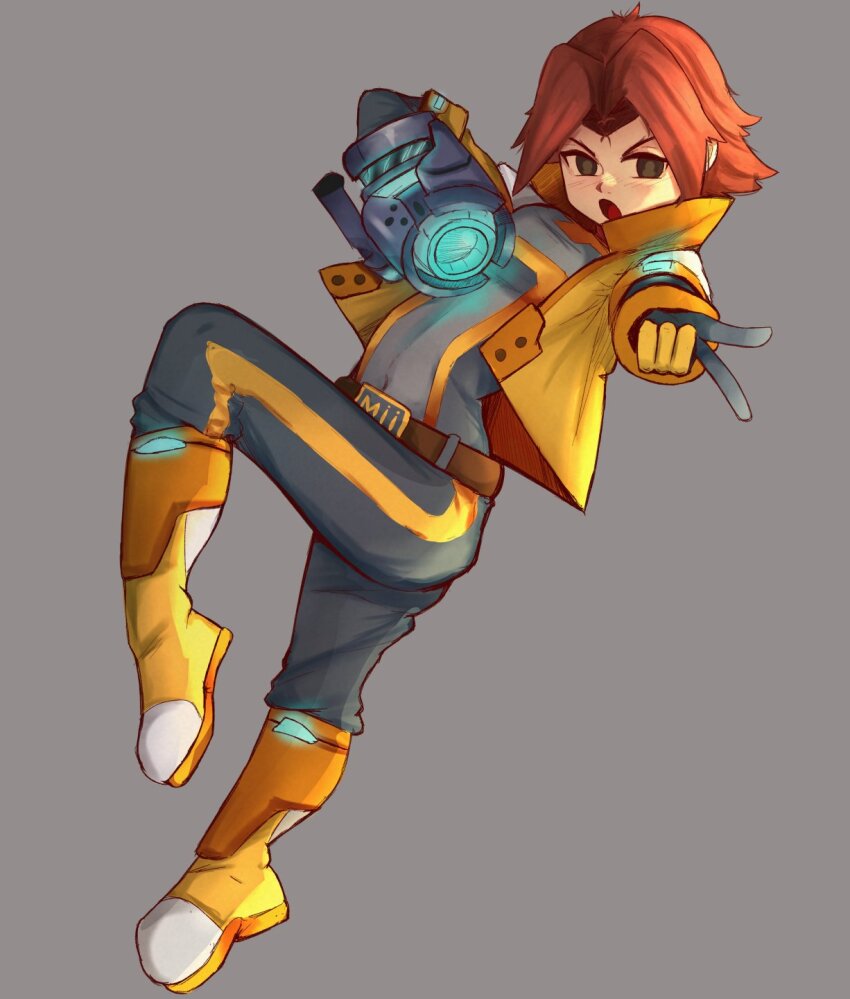1girl :o arm_cannon belt black_eyes blush bodysuit boots brown_hair covered_navel gloves highres jacket leg_up looking_at_viewer maishtar_colo mii_(nintendo) mii_gunner mii_gunner_(smash_4) navel nintendo open_clothes open_jacket open_mouth orange_gloves pants parted_bangs red_hair short_hair solid_circle_eyes solo standing standing_on_one_leg super_smash_bros. v v-shaped_eyebrows weapon yellow_boots yellow_gloves yellow_jacket