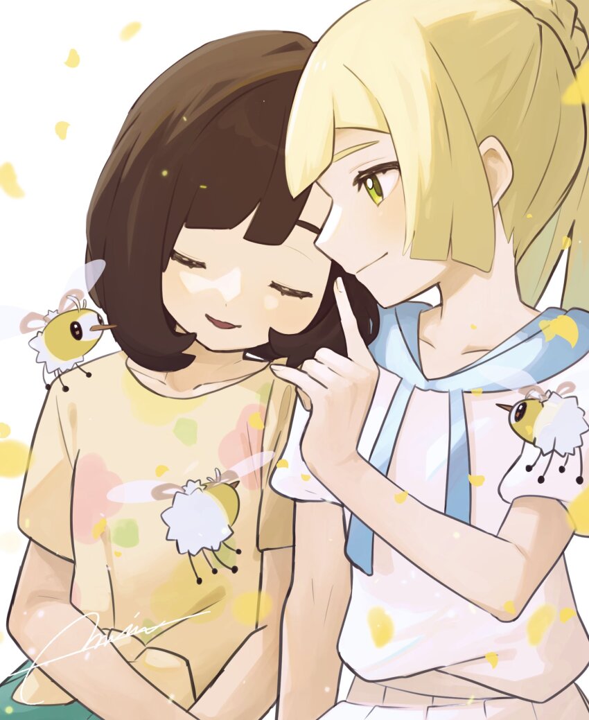 2girls blonde_hair brown_hair closed_eyes closed_mouth collarbone commentary_request cutiefly eyelashes falling_petals gen_7_pokemon green_eyes green_shorts hand_up highres lillie_(pokemon) long_hair miu_(miuuu_721) multiple_girls nintendo open_mouth petals pleated_skirt pokemon pokemon_(creature) pokemon_sm selene_(pokemon) shirt short_sleeves shorts signature skirt smile t-shirt white_background white_shirt yellow_shirt