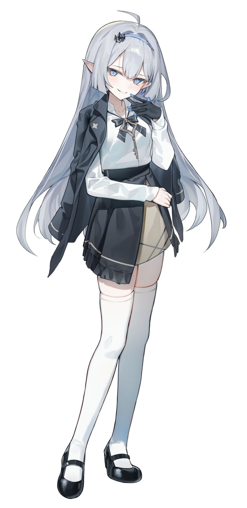 1girl absurdres alternate_costume black_gloves black_shoes breasts closed_mouth collared_shirt commentary_request female_tyrant_(stella_sora) full_body gloves grey_hair highres huu_(dighapdlxm12) long_hair long_sleeves parted_lips pointy_ears shirt shoes simple_background single_glove small_breasts smile solo standing stella_sora thighhighs tyrant_(stella_sora) white_background white_shirt white_thighhighs zettai_ryouiki