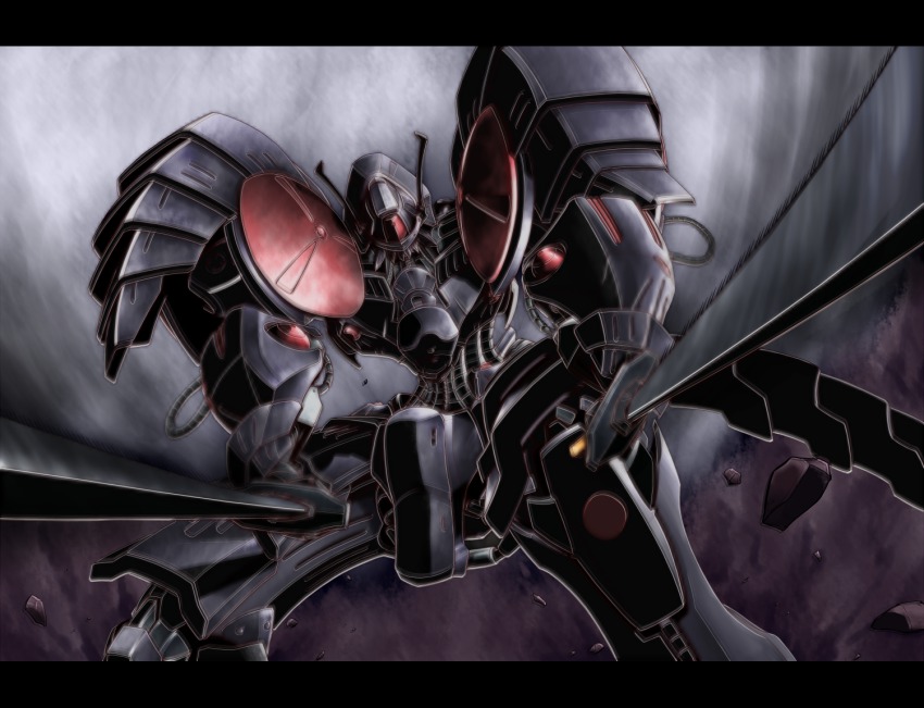 debris dual_wielding five_star_stories gomi_kushige holding katana letterboxed mecha no_humans robot solo sword vatshu_the_black_knight weapon
