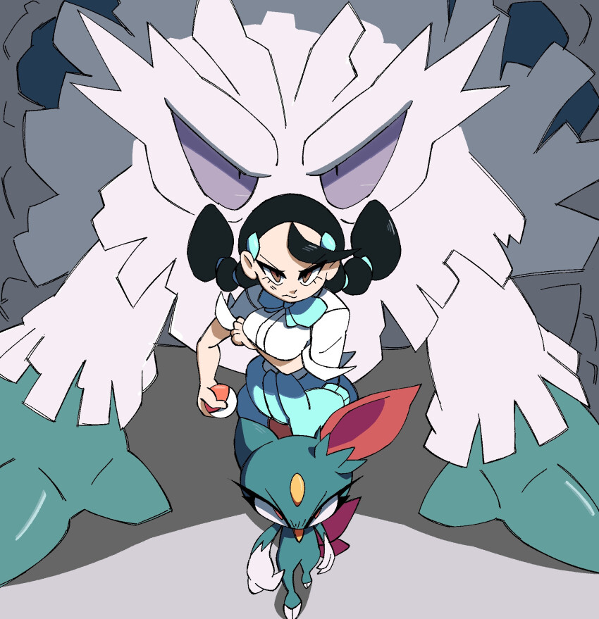 1girl abomasnow angry black_hair breasts brown_eyes candice_(pokemon) claws clothes_around_waist game_freak gen_2_pokemon gen_4_pokemon highres large_breasts long_hair mega_abomasnow mega_pokemon multi-tied_hair nintendo oakblu poke_ball pokemon pokemon_dppt purple_eyes red_eyes sneasel sweater sweater_around_waist