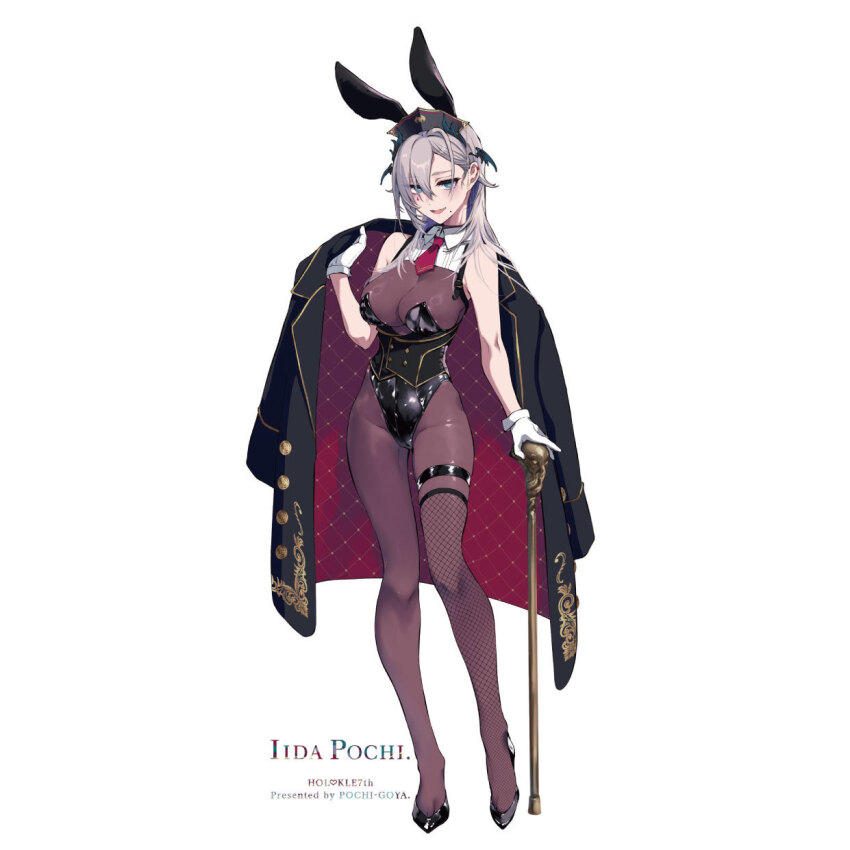 animal_ears armpits asymmetrical_legwear black_coat black_footwear breasts cane coat coat_on_shoulders english_text fishnet_thighhighs fishnets gloves grey_hair high_heels highres horizontal_pupils indie_virtual_youtuber large_breasts leotard looking_at_viewer mole necktie open_mouth playboy_bunny pochi_(pochi-goya) pochimaru_(vtuber) pochimaru_(vtuber)_(4th_costume) rabbit_ears short_necktie thigh_strap thighhighs virtual_youtuber white_gloves