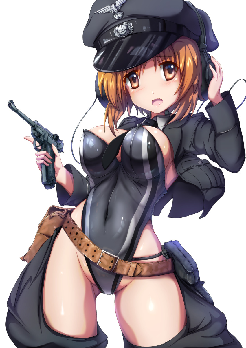 1girl alternate_costume belt between_breasts black_hat black_leotard black_necktie blush boko_(girls_und_panzer) breasts brown_belt brown_eyes brown_hair chaps coat commentary cowboy_shot dai_toro female_focus frown girls_und_panzer gluteal_fold grey_coat groin gun hand_on_headphones handgun hat headphones highleg highleg_leotard highres holding holding_gun holding_weapon insignia leaning_to_the_side leotard long_sleeves looking_at_viewer luger_p08 medium_breasts military_hat necktie nishizumi_miho open_mouth peaked_cap playboy_bunny pouch short_hair shrug_(clothing) simple_background solo standing strapless strapless_leotard thighs trigger_discipline weapon white_background wing_collar