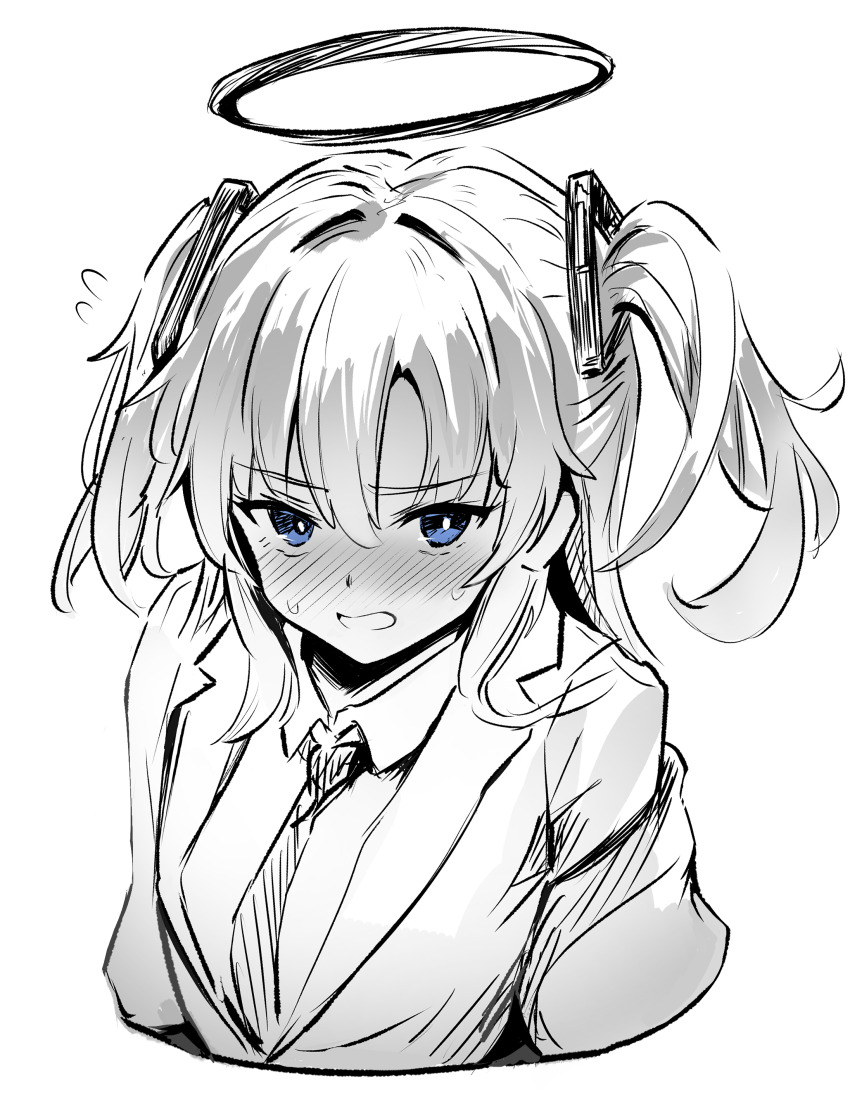 1girl absurdres blue_archive blue_eyes blush commentary_request greyscale halo highres long_hair looking_at_viewer metsu_end monochrome necktie solo two_side_up upper_body yuuka_(blue_archive)