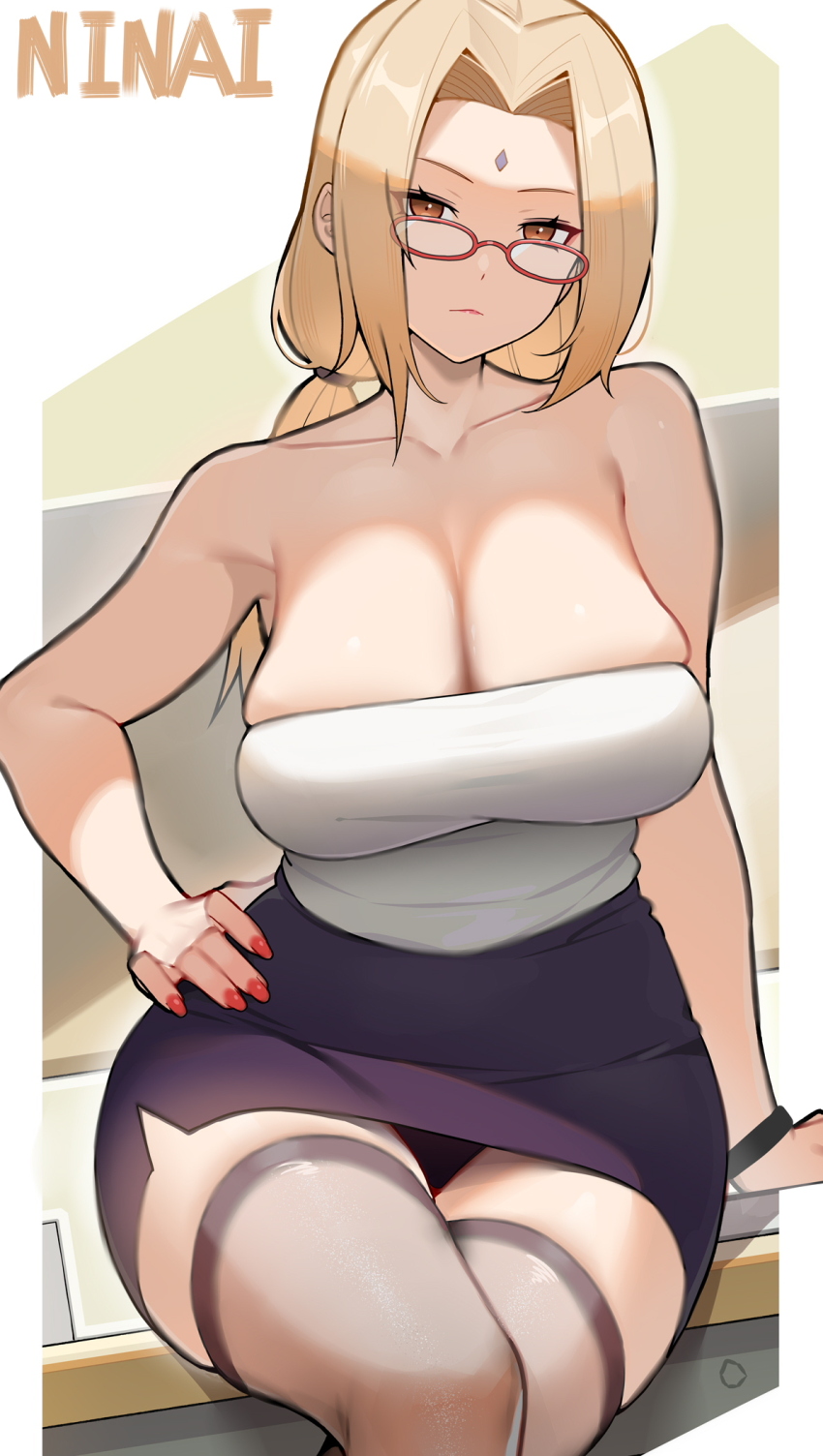 1girl bare_arms bare_shoulders black_panties black_thighhighs blonde_hair breasts cleavage crossed_legs facial_mark forehead_mark highres large_breasts looking_at_viewer mature_female naruto_(classic) naruto_(series) ninai office_lady panties pencil_skirt skirt solo thighhighs tsunade_(naruto) underwear yellow_eyes