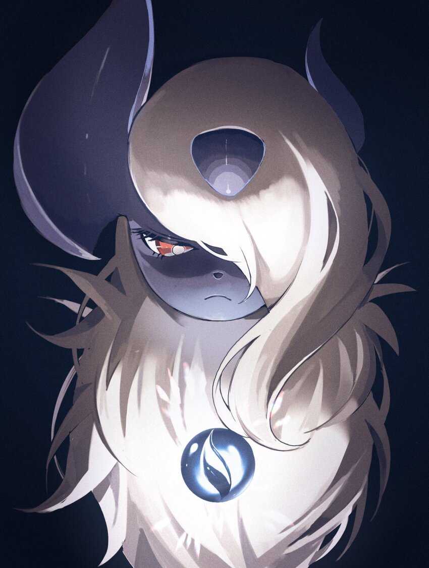 absol black_background body_fur gen_3_pokemon highres horns mega_absol mega_pokemon mega_stone nintendo no_humans one_eye_covered pokemon pokemon_(creature) red_eyes reo_(mmocc123) simple_background solo upper_body white_fur