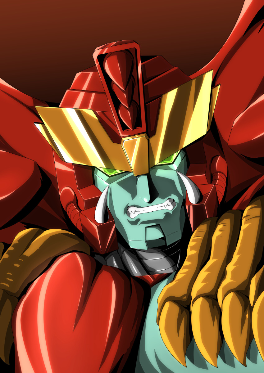 absurdres ark_line beast_wars beast_wars_neo clenched_teeth green_eyes highres looking_at_viewer magmatron mecha no_humans predacon robot science_fiction solo teeth transformers upper_body v-fin