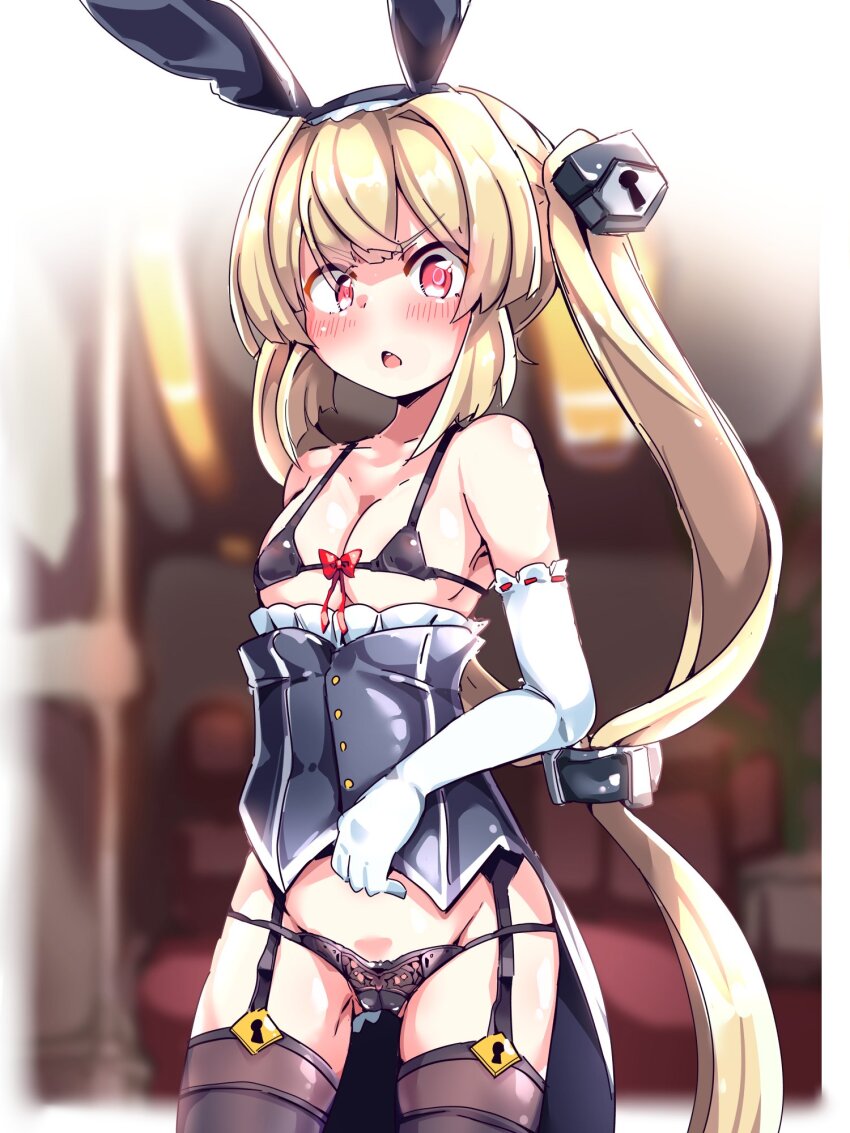 1girl :o animal_ears bare_shoulders black_corset black_panties blonde_hair blush bow breasts corset cosmic_break fake_animal_ears feuille_vert garter_straps gloves hair_ornament highres keyhole long_hair looking_at_viewer medium_breasts panties rabbit_ears red_eyes string_bra thighhighs twintails underwear vert_(neptunia) very_long_hair white_gloves yuka_danbow