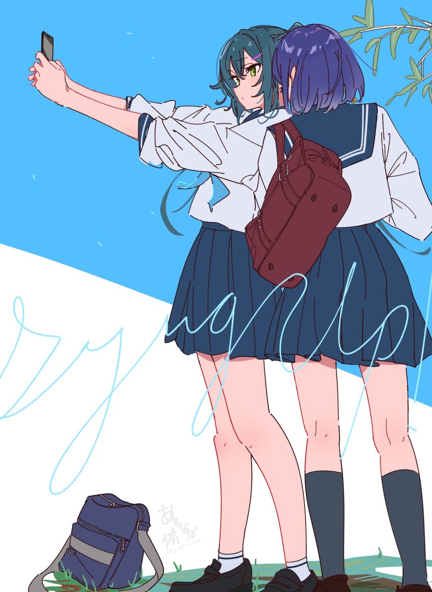 2girls absurdres atenaba black_socks blue_neckerchief blue_sailor_collar blue_skirt cellphone gakuen_idolmaster green_hair hair_flaps hataya_misuzu highres holding holding_phone idolmaster kneehighs looking_at_phone multiple_girls neckerchief phone pleated_skirt purple_hair sailor_collar school_uniform selfie serafuku shirt skirt socks tsukimura_temari white_shirt white_socks