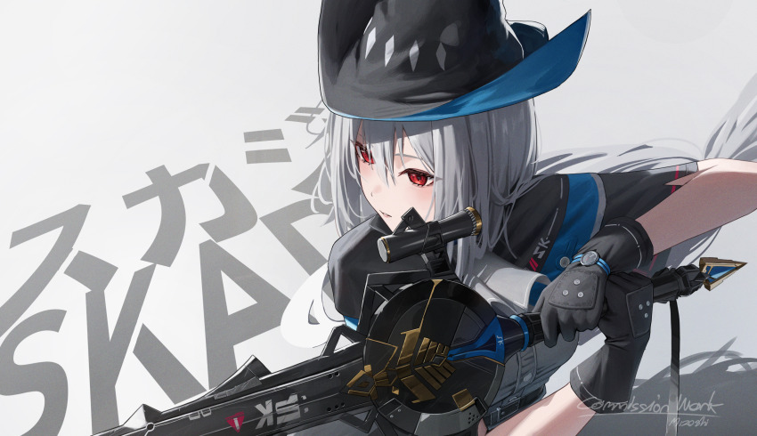 1girl aqua_hat arknights ascot black_gloves black_hat breasts character_name from_above gloves grey_ascot grey_hair grey_shirt hair_between_eyes hat highres holding holding_sword holding_weapon long_hair low-tied_long_hair medium_breasts mizoshi-x parted_lips pointy_hat red_eyes shirt simple_background skadi_(arknights) solo sword upper_body very_long_hair watch weapon white_background wristwatch