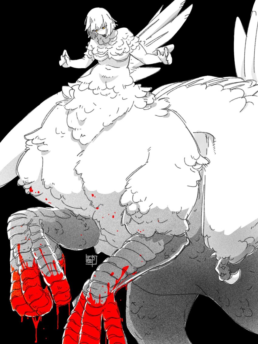 1girl black_background blood centauroid commentary_request dragon_girl dungeon_meshi falin_touden falin_touden_(chimera) feathered_wings highres prussiancatdog rearing short_hair simple_background solo spot_color standing taur wings yellow_eyes