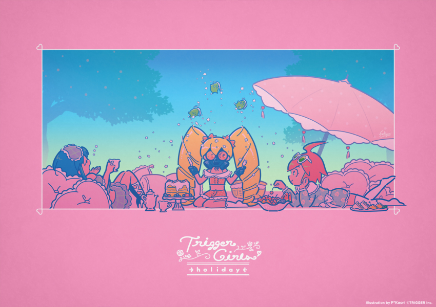 3girls ahoge arm_support blue_hair cup explosive eye_mask eyewear_on_head f_kaori fork frag_(trigger) gas_mask grenade kneeling lying mask multiple_girls muzzle_(trigger) official_art on_stomach pajamas red_hair smile spring_(trigger) sunglasses teacup teapot tree trigger-chan trigger_(company) triggertop watermark white-framed_eyewear white_legwear