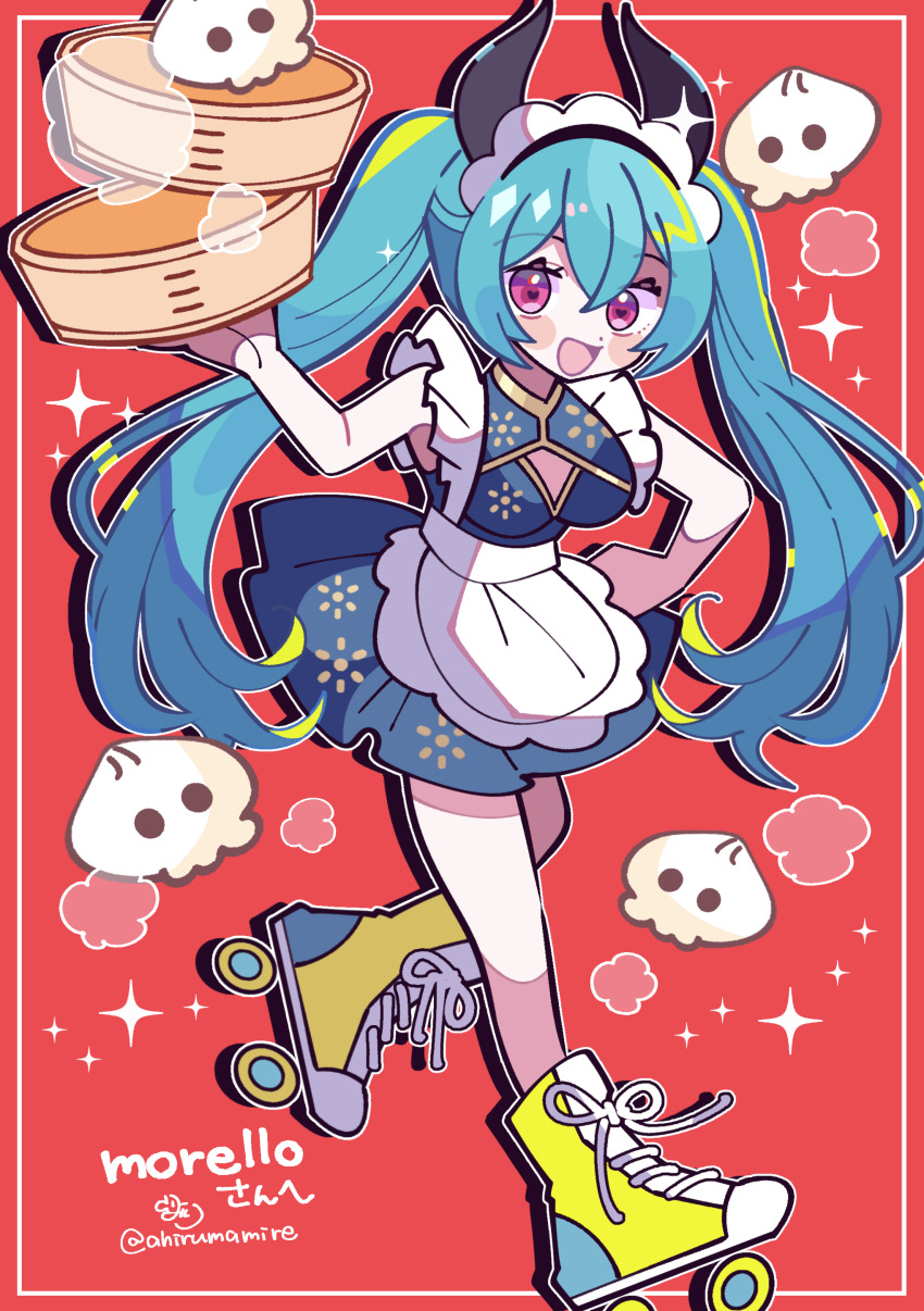 1girl :d absurdres ahirumamire apron aqua_hair artist_name bamboo_steamer black_horns blush boots borrowed_character breasts cleavage_cutout clothing_cutout colored_lineart commission commissioner_name crossed_bangs curled_horns deformed dot_nose double-parted_bangs dress food food-themed_creature foot_out_of_frame frilled_apron frilled_straps frills gold_trim grey_dress hair_between_eyes hand_on_own_hip hand_up happy heart heart-shaped_pupils highres holding_bamboo_steamer horns inset_border jaggy_lines knee_up long_hair looking_at_viewer maid_headdress mandarin_collar morello_(morellostorment) open_mouth original outline pale_skin pink_eyes pleated_dress print_dress recurring_image red_background roller_skates second-party_source signature skates sleeveless sleeveless_dress small_breasts smile solo sparkle standing standing_on_one_leg steam steamed_bun symbol-shaped_pupils twintails waist_apron white_outline yellow_boots