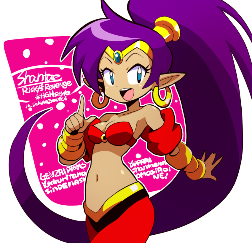 1girl blue_eyes breasts dark-skinned_female dark_skin earrings highres hoop_earrings jewelry long_hair looking_at_viewer medium_breasts midriff navel open_mouth pointy_ears ponytail purple_hair sakurajyousui_nami shantae shantae_(series) smile solo