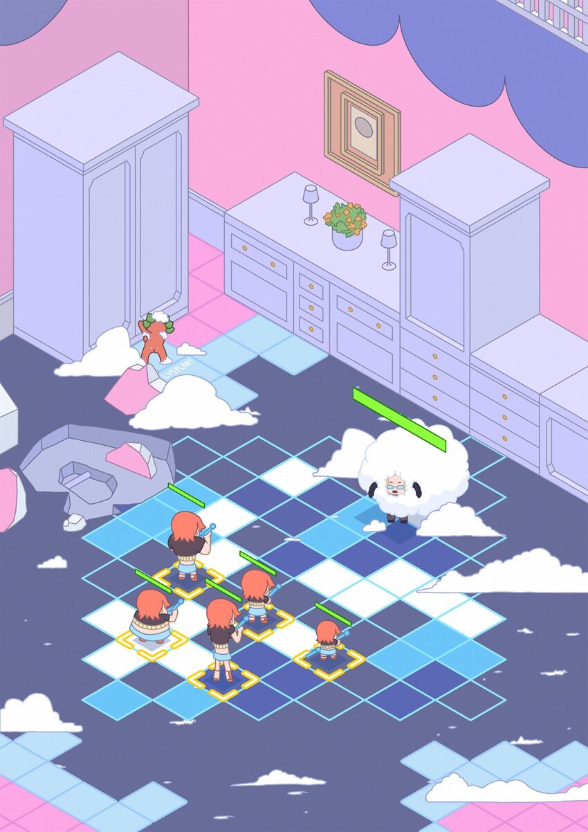 2girls artist_name artist_self-insert chibi clima-tact clone commentary crop_top gameplay_mechanics glasses health_bar highres holding holding_staff indoors isometric kalifa_(one_piece) lv5plant multiple_girls nami_(one_piece) nami_(one_piece)_(enies_lobby) one_piece orange_hair short_hair skirt soap staff