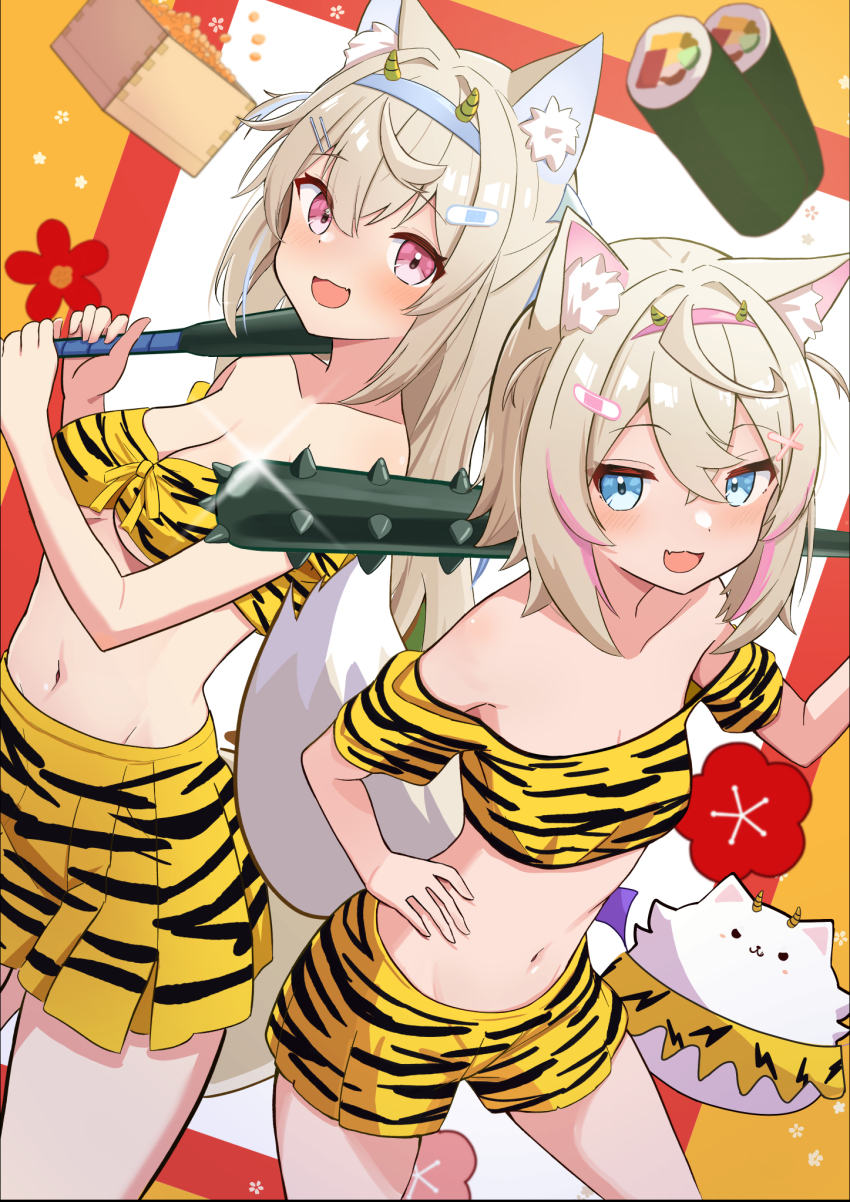 2girls animal_ear_fluff animal_ears animal_print beans blue_eyes blue_hair blue_hairband breasts cleavage club club_(weapon) commentary_request crop_top dog_ears dog_girl dog_tail food fuwamoco fuwawa_abyssgard hair_ornament hairband hairclip highres holding hololive hololive_english kanabou light_brown_hair makizushi mamemaki masu medium_breasts mococo_abyssgard multicolored_hair multiple_girls navel off-shoulder_shirt off_shoulder parijennu222 pink_eyes pink_hair pink_hairband pleated_skirt print_shirt print_shorts print_skirt setsubun shirt shorts siblings sisters skirt small_breasts streaked_hair sushi tail tiger_print twins virtual_youtuber weapon yellow_shirt yellow_shorts yellow_skirt