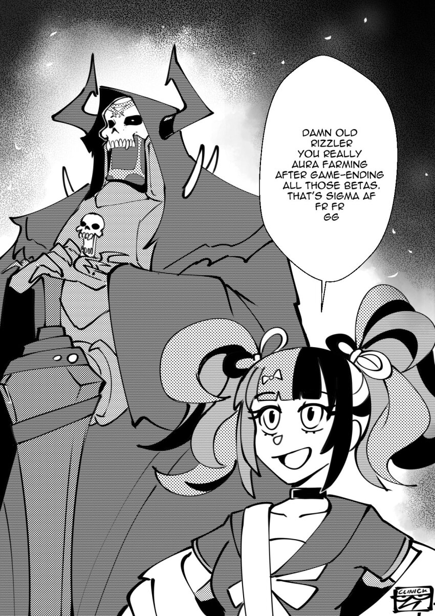 1boy 1girl armor bow choker clinickcase cloak commentary english_text fake_horns fate/grand_order fate_(series) greyscale hair_bow height_difference helmet highres hood hooded_cloak horned_helmet horns king_hassan_(fate) mask monochrome multicolored_hair open_mouth sailor_collar school_uniform sei_shounagon_(fate) sei_shounagon_(first_ascension)_(fate) serafuku shoulder_spikes signature skull_mask smile spikes sword twintails weapon zoomer_slang