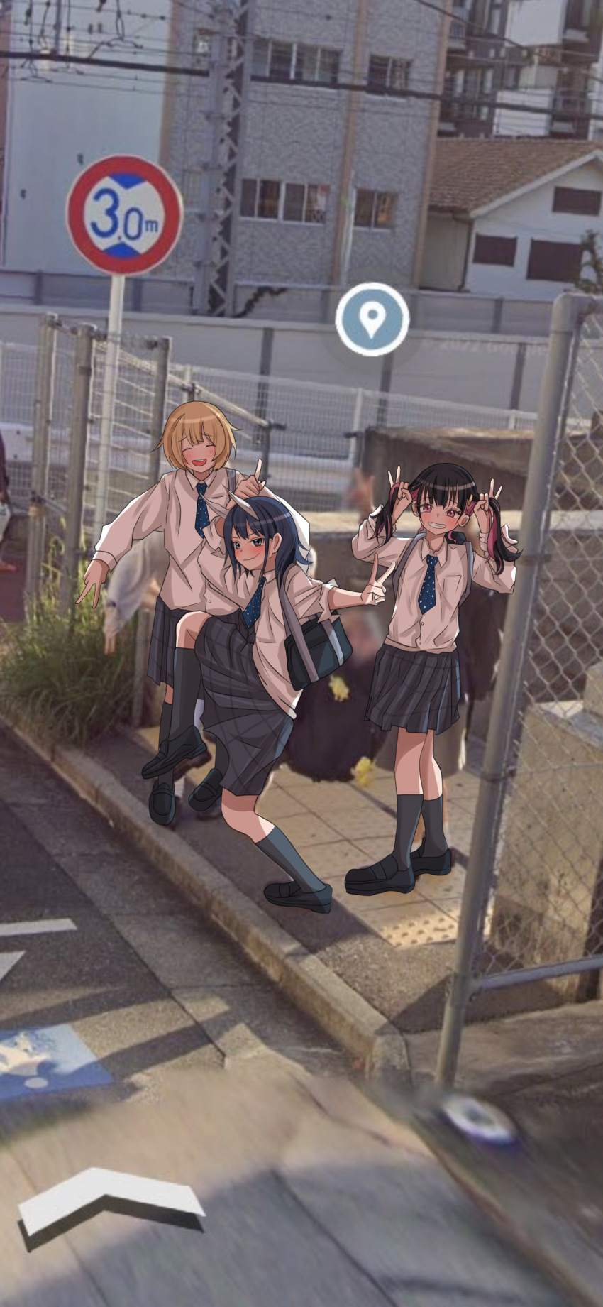 3girls absurdres aoki_ruri bag black_hair black_skirt black_socks blonde_hair blue_eyes blue_hair blue_necktie blush city closed_eyes closed_mouth gate google_maps hagiwara_yuka hands_up high_school_girls_posing_for_google_street_view_(meme) highres horns house kagura_(05410zura) kashiro_airi leg_up long_hair long_sleeves looking_at_viewer multicolored_hair multiple_girls necktie nervous_smile open_mouth pink_eyes pink_hair ruri_dragon school_bag school_uniform shirt shoes skirt smile socks twintails two-tone_hair v white_shirt